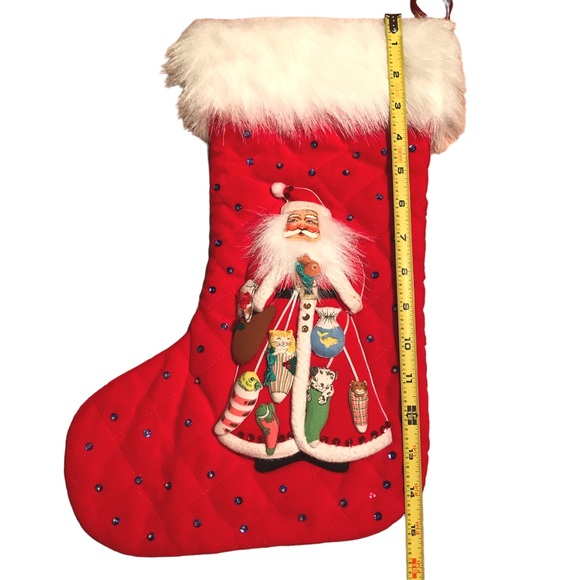 Vintage Quilted Sequin Santa Animals Pets Christmas Stocking Fur Cuff 18" Kitsch - Picture 10 of 14